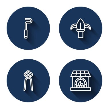 Klasik demirci demirci demirci kerpeteni, uzun gölgeli fırın ve ateş hattı kurun. Mavi daire düğmesi. Vektör.