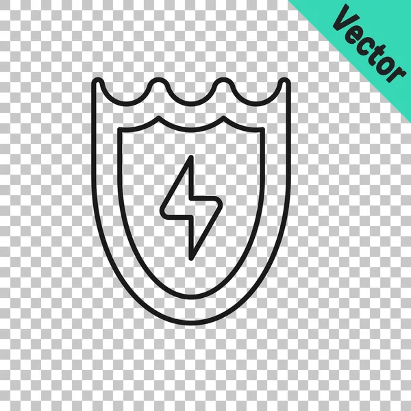 Black Line Lightning Shield Icon Isolated Transparent Background High Voltage — Stock Vector