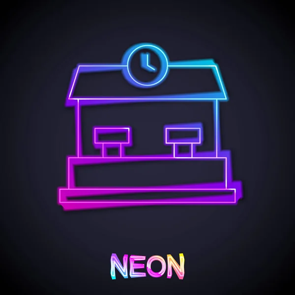 Glowing Neon Line Railway Station Icon Isolated Black Background Vector — Vetor de Stock