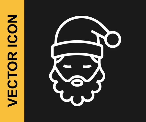 Weiße Linie Weihnachtsmannmütze Und Bart Ikone Isoliert Auf Schwarzem Hintergrund — Stockvektor