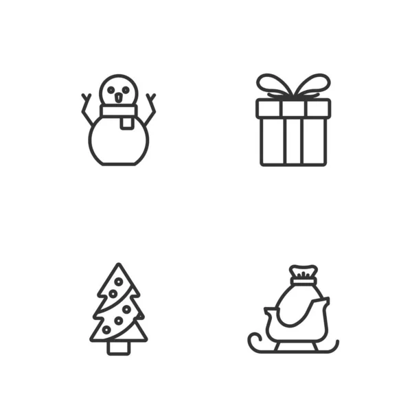 Set Line Christmas Santa Claus Sleigh Tree Snowman Gift Box — Stock Vector
