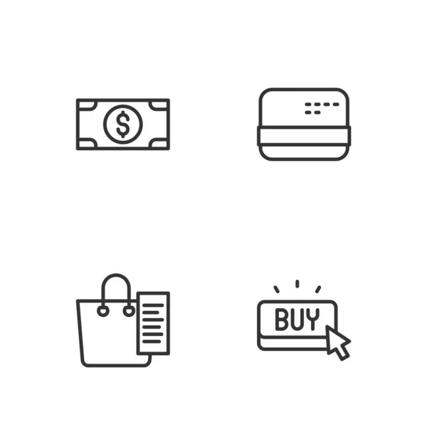 Set Line Buy Button Shopping List Stacks Paper Money Cash — Stock Vector