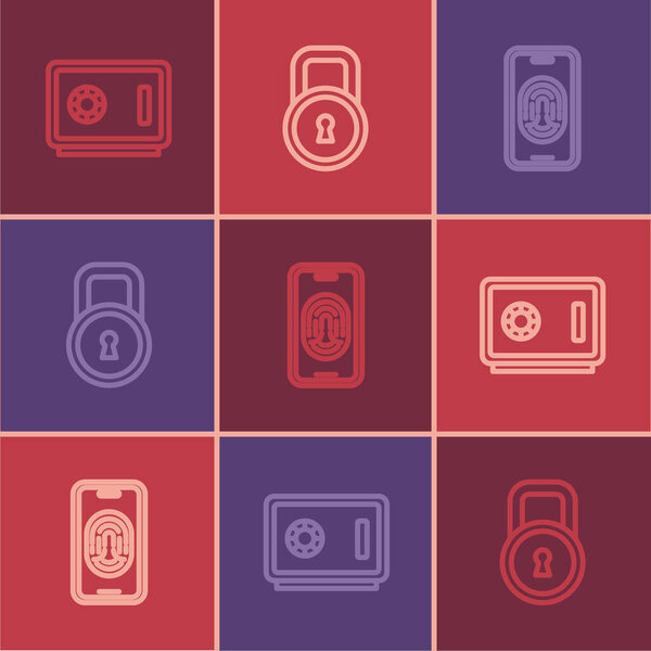 Установите линию Safe Mobile со сканером отпечатков пальцев и значком Lock. Вектор.