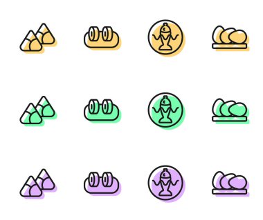 Bambu buharlı suşi ve tavuk yumurtası ikonunda servis edilen Zongzi tabağına balık koy. Vektör.