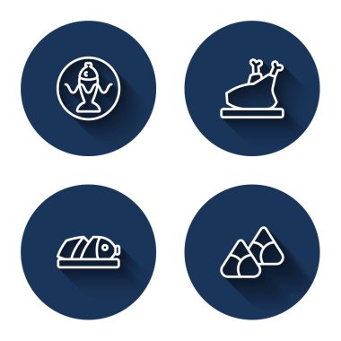 Bir tabakta kızarmış hindi ya da dilimlenmiş tavuklu balık ve uzun gölgeli bambu budan buharlı Zongzi. Mavi daire düğmesi. Vektör.