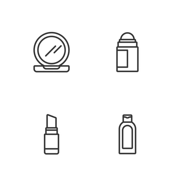 Σετ Γραμμή Μπουκάλι Σαμπουάν Lipstick Μακιγιάζ Σκόνη Καθρέφτη Και Deodorant — Διανυσματικό Αρχείο