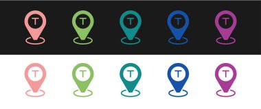 Siyah ve beyaz arkaplanda izole edilmiş taksi arabası simgesiyle harita işaretleyicisini ayarla. Konum sembolü. Vektör.