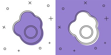 Çırpılmış yumurta simgesini beyaz ve mor arkaplanda izole et. Ev yemeği, sahanda yumurta, sağlıklı kahvaltı, omlet ikonu. Vektör.