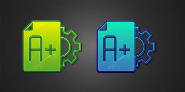 Siyah arka planda A + sınıfı simgesi olan yeşil ve mavi sınav kağıtları. Sınav kağıdı, sınav ya da araştırma konsepti. Sınav ya da sınav. Vektör.