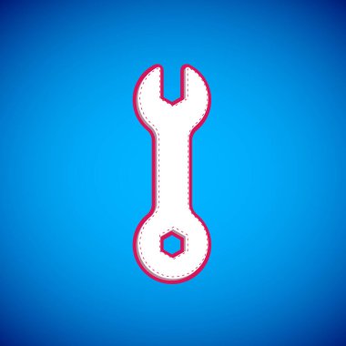 Mavi arkaplanda beyaz anahtarlı simge izole edildi. Anahtar tamir aleti. Servis aracı sembolü. Vektör.