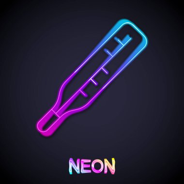 Tıbbi inceleme ikonu için parıldayan neon hattı medikal termometre siyah arka planda izole edildi. Vektör.