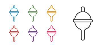 Beyaz arkaplandaki Balıkçılık simgesini ayarla. Balık oltası. Simgeleri renklendirin. Vektör.