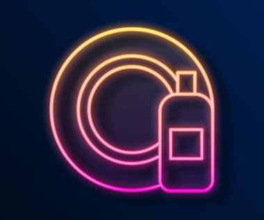 Parlayan neon hattı siyah arka planda izole edilmiş sıvı şişe ve tabak ikonu. Bulaşık yıkamak için sıvı deterjan. Vektör.