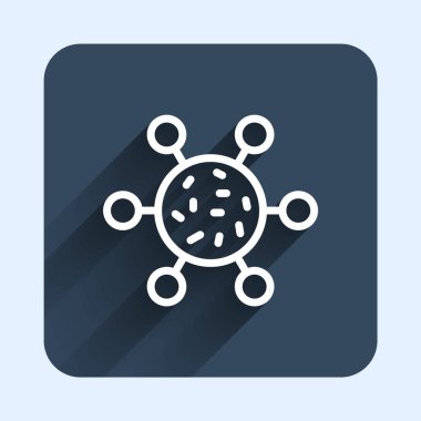 Beyaz çizgi bakteri simgesi uzun gölge arkaplan izole. Bakteriler ve mikroorganizmalar, sebep olan mikroorganizma hastalıkları, hücre kanseri, mikrop, virüs, mantar. Mavi kare düğme. Vektör.