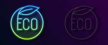 Parlak neon hattı Banner, etiket, etiket, eko yeşil sağlıklı yiyecek simgesi için logo siyah arkaplanda izole edilmiş. Organik ürün. Sağlıklı yemek etiketi. Vektör.