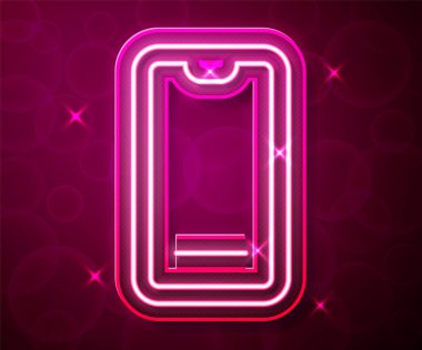 Parlayan neon hattı yiyecek siparişi kırmızı arka planda izole edilmiş. Cep telefonuyla sipariş verin. Restoran yemek teslimatı konsepti. Vektör.