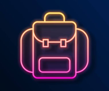 Parlayan neon çizgisi Yürüyüş sırt çantası simgesi siyah arkaplanda izole edildi. Kamp ve dağ gezisi sırt çantası. Vektör.