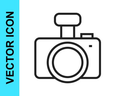Siyah çizgi fotoğraf makinesi simgesi beyaz arkaplanda izole edildi. Foto kamera. Dijital fotoğrafçılık. Vektör.