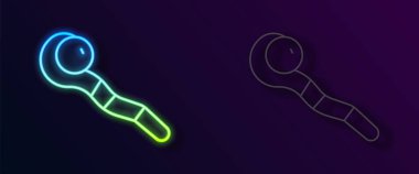 Parlayan neon hattı sihirli asa simgesi siyah arkaplanda izole edildi. Sihirli değnek, asa, değnek, değnek. Vektör.