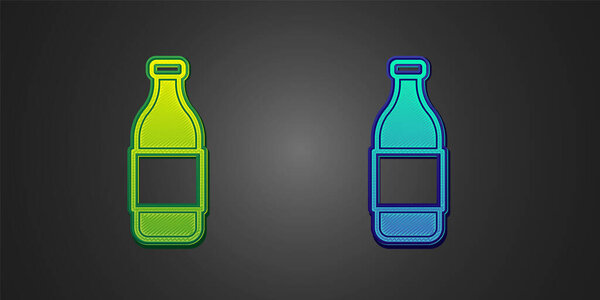 Green and blue Bottle of wine icon isolated on black background. Vector.