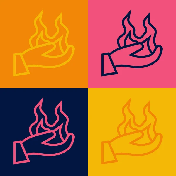 Pop Art Linie Hand Hält Ein Feuer Symbol Isoliert Auf — Stockvektor