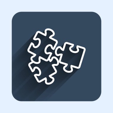 Beyaz çizgi yapboz parçaları, uzun gölge arkaplan izole oyuncak ikonu. Mavi kare düğme. Vektör.