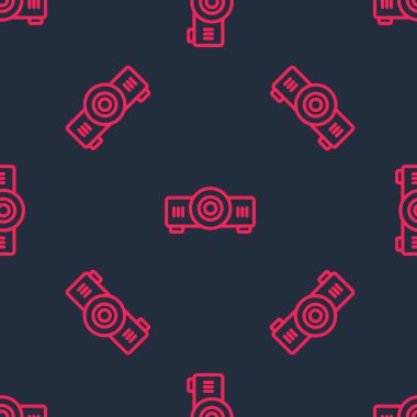 Kırmızı çizgi sunumu, film, film, medya projektör ikonu siyah arkaplanda izole edilmiş kusursuz desen. Vektör.