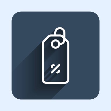 Beyaz çizgi İndirim etiketi simgesi uzun gölge arkaplanı ile izole edildi. Etiket alışverişi. Özel teklif işareti. İndirim kuponları sembolü. Mavi kare düğme. Vektör.