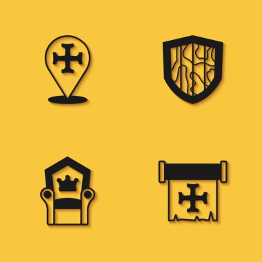 Haçlı Seferi tahtını ve Shield ikonunu uzun gölgeli yap. Vektör.