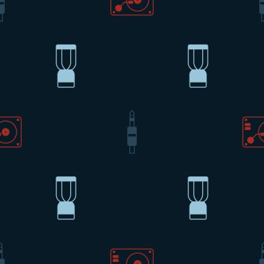 Vinil oynatıcıyı vinil disk ses oynatıcısı ve Afrika djembe davulunu pürüzsüz desen üzerine ayarla. Vektör.