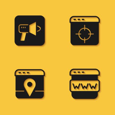 Megaphone Tarayıcı pencere bilgisini şehir haritası ve uzun gölgeli hedef hedef hedef ikonu olarak ayarla. Vektör.