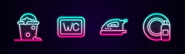 Köpük ve köpüklü Kova Hattını hazırlayın. Tuvalet Elektriği Ütüsü ve Bulaşık Şişe Tabağı. Parlayan neon ikonu. Vektör.