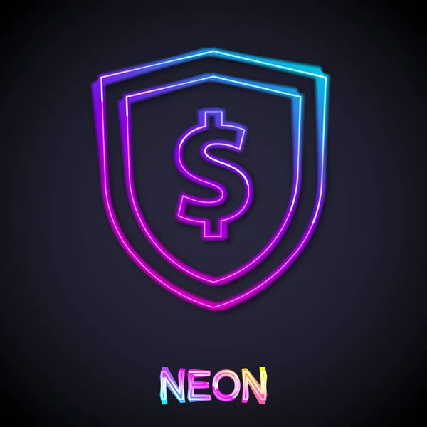 Glowing Neon Line Shield Dollar Symbol Icon Isolated Black Background — Stock Vector