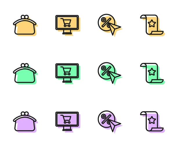 Definir Linha Desconto Por Cento Tag Wallet Carrinho Compras Monitor —  Vetores de Stock