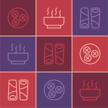 Wonton Guotie ve Ramen çorba kasesi ikonu. Vektör.