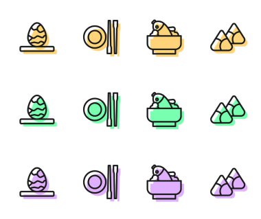 Çin çay yumurtası, yemek çubuğu tabağı ve Zongzi bambu buhar buharı ikonuyla aynı hizaya getir. Vektör.