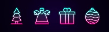 Noel ağacı hediye kutusu ve topu ayarla. Parlayan neon ikonu. Vektör.