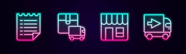 İstek listesi şablonu teslimat kamyonu marketi ve... Parlayan neon ikonu. Vektör.