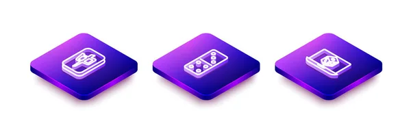 Set Isometric Ligne Mahjong Pièces Domino Game Dés Icône Vecteur — Image vectorielle