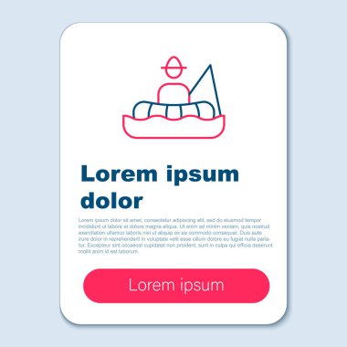 Bir teknede oturan ve gri arka planda izole edilmiş bir çubuk ikonuyla balık tutan bir balıkçı. Renkli taslak konsepti. Vektör.