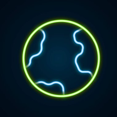 Parlayan neon çizgisi Dünya ikonu siyah arka planda izole edildi. Dünya ya da Dünya işareti. Küresel internet sembolü. Geometrik şekiller. Renkli taslak konsepti. Vektör.