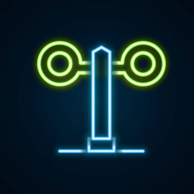 Parlayan neon hattı trafik ışığı simgesi siyah arkaplanda izole edildi. Trenlerin hareketlerini düzenlemek için demiryolu için trafik ışıkları. Renkli taslak konsepti. Vektör.