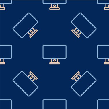Line Computer monitor icon isolated seamless pattern on blue background. PC component sign. Vector.