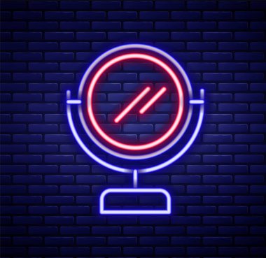 Parlayan neon hattı yuvarlak makyaj aynası ikonu tuğla duvar arka planında izole edilmiş. Renkli taslak konsepti. Vektör.