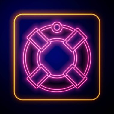 Parlayan neon renkli Lifebuoy simgesi siyah arkaplanda izole edildi. Can simidi sembolü. Vektör.
