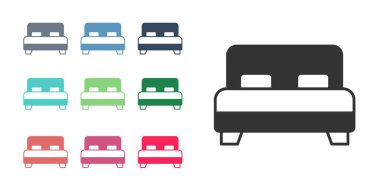 Beyaz arka planda iki ya da bir kişi için siyah büyük yatak. Simgeleri renklendirin. Vektör.