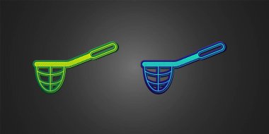 Siyah arkaplanda yeşil ve mavi balıkçı ağı simgesi izole edildi. Balık oltası. Vektör.