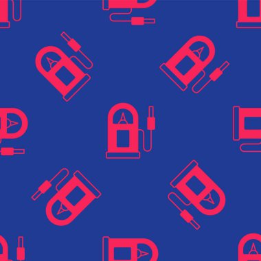 Kırmızı petrol ya da benzin istasyonu ikonu mavi arka planda izole edilmiş pürüzsüz desen. Araba yakıtı sembolü. Benzin pompası. Vektör.