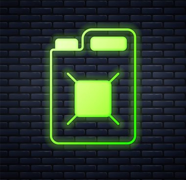Tuğla duvar arkasında izole edilmiş benzin ikonu için parlayan neon teneke kutu. Dizel gaz ikonu. Vektör.