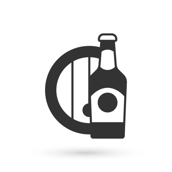 Graue Bierflasche Und Holzfass Symbol Isoliert Auf Weißem Hintergrund Vektor — Stockvektor